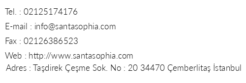 Santa Sophia Hotel telefon numaralar, faks, e-mail, posta adresi ve iletiim bilgileri